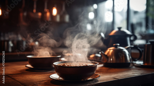 A rustic scene of hot beverages including coffee and tea on a wooden table with steam rising in a cozy café.