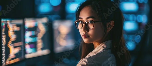 Young Asian businesswoman working from home, focusing on coding, upskilling for remote job in IT, cybersecurity, AI design, and online workforce. photo