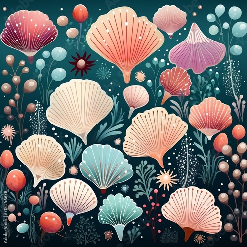 A seamless pattern of seashells in pastel colors