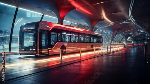 A sleek and modern long-distance bus at a futuristic bus terminal showcasing the latest in transportation technology.