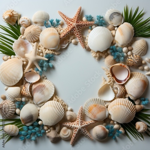 A sea shell frame with various shells on white