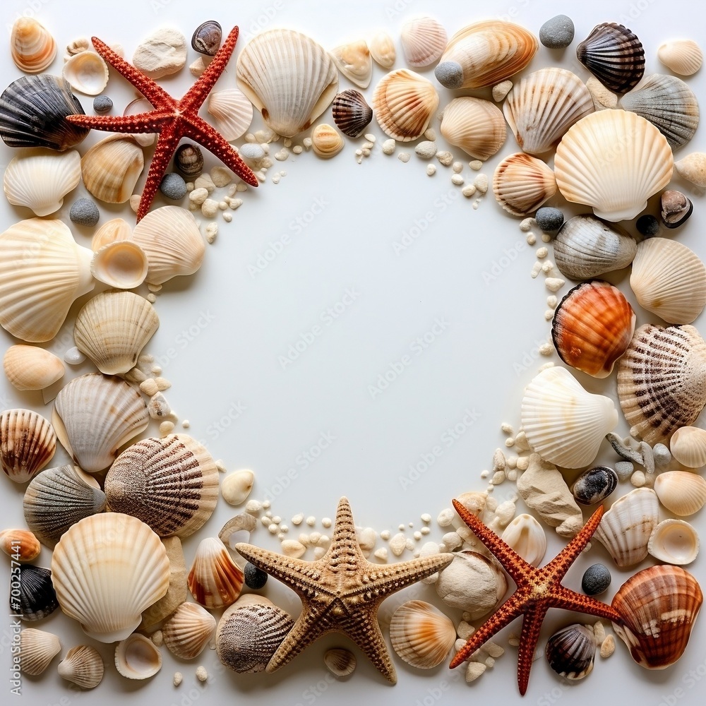 A sea shell frame with various shells on white A sea shell frame with various shells on white