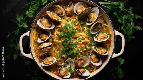 Spaghetti alle vongole with tomato in seafood jus served as close-up at a Nordic design bowl with copy space photo