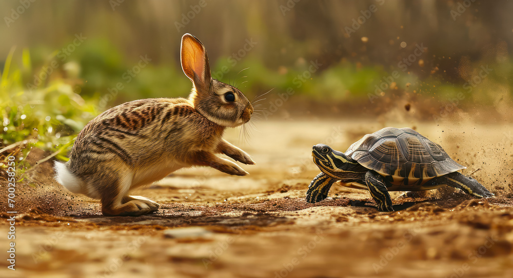 hare and tortoise enjoying a playful encounter on a sunny dirt path - obrazy, fototapety, plakaty 