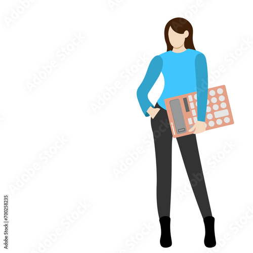 Girl with a huge calculator in her hand, flat vector, isolate on white, accountant, office worker, faceless illustration