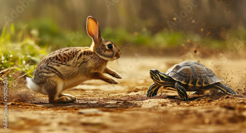 hare and tortoise enjoying a playful encounter on a sunny dirt path photo