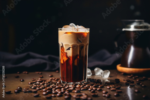 Ice coffee in a tall glass with cream poured over, ice cubes and beans on a old rustic wooden table. Cold summer drink with tubes on a black background with copy space.