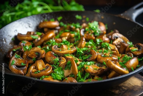 a pan with cooked mushrooms sautéed. Generative AI
