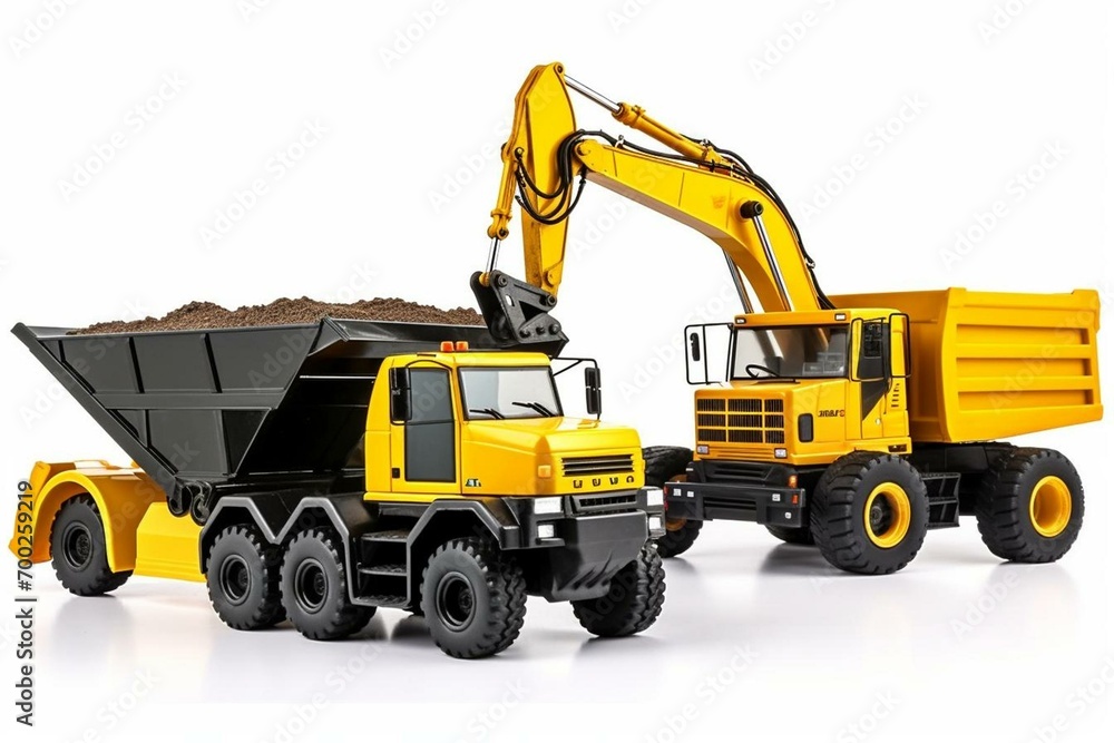 Excavator and dump truck with buckets against white background. Generative AI