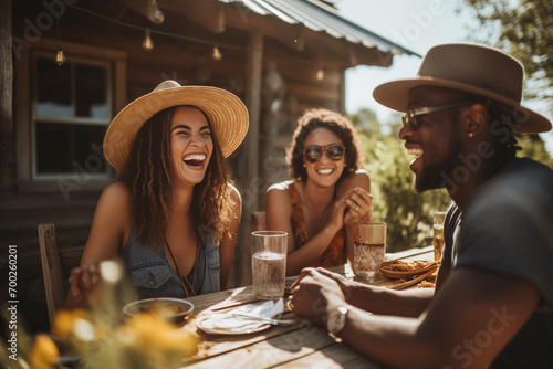 three people laugh as they sit at a table while enjoying some food outdoors photo