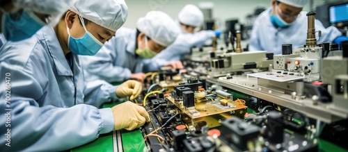 workers on a production line in an electronics factory photo