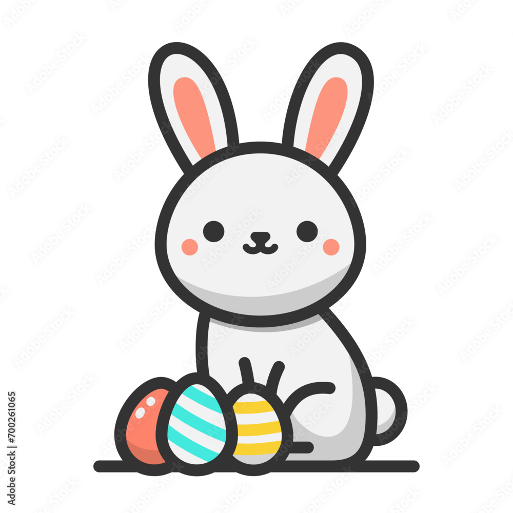 White cute Easter Bunny character, Happy Easter holidays, colored eggs, simple editable vector illustration. White cute Easter Bunny character, Happy Easter holidays, colored eggs, simple editable vector illustration.