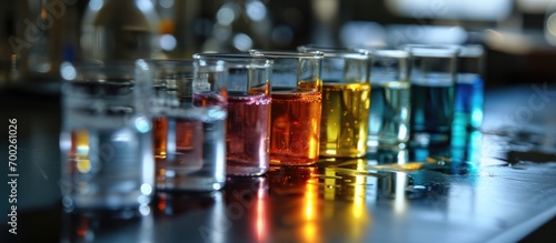 Various solutions use universal indicator strips to indicate pH values. photo