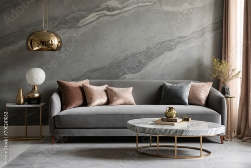 Gray fabric sofa and marble stone coffee table. Hollywood regency style interior design of modern living room.
