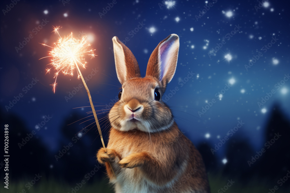 AI Generated Image. Easter bunny holding sparkler against the night starry sky AI Generated Image. Easter bunny holding sparkler against the night starry sky