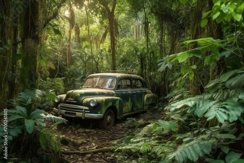 Tropical forest with old car. Generative AI © Christopher