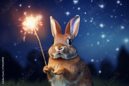 AI Generated Image. Easter bunny holding sparkler against the night starry sky © Arman Zhenikeyev