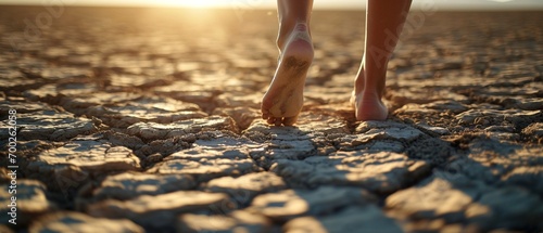 Bare feet walk on the dry desert floor due to drought. Climate change concept