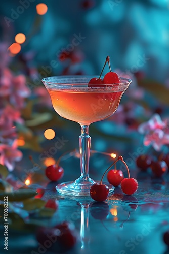 Exotic light orange cocktail with cherries on blue blurred background with pink flowers