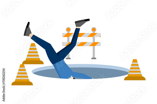 concept of loss or trap. businessman falls into a hole. Failure or error leads to discouragement, disaster, business danger or accident, problems, difficulties or risk of crisis or recession.