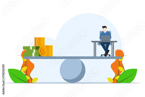 Work and life balance concept, businessman working hard at busy desk balancing dollar bill salary, wage, salary or income, working for money or motivating incentives to work overtime. flat vector.