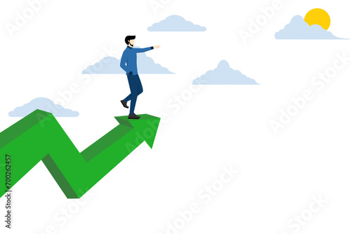 business leadership concept. businessman standing on arrow and pointing forward symbol of the future, leader achieving goals, increasing motivation, target achievement, success. vector illustration. © FAHMI