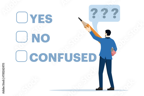 business agreement concept. businessman holding pencil decides to agree to consent question. Consent document to vote, yes or no, accept or agree to permission, answer yes or no, decide later.