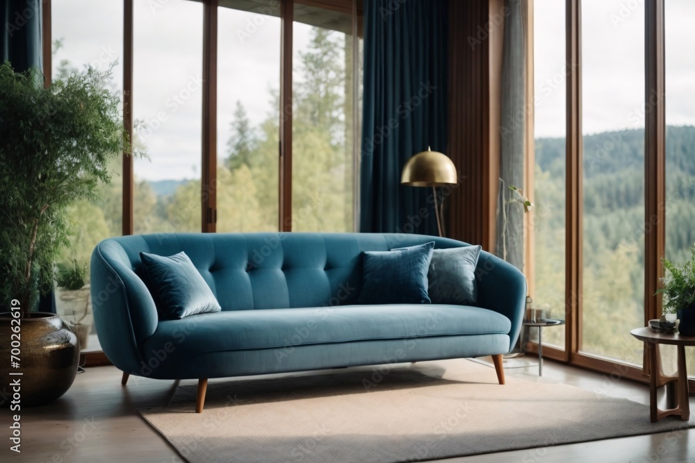 Blue sofa against big panoramic window with forest view. Scandinavian home interior design of modern living room. Blue sofa against big panoramic window with forest view. Scandinavian home interior design of modern living room.