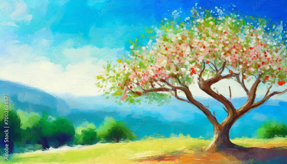 Tu Bishvat tree, copy space on a side, oil paint art style Tu Bishvat tree, copy space on a side, oil paint art style