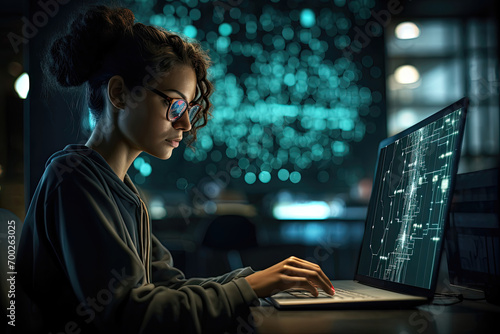 Female coder immersed in software development on a laptop
