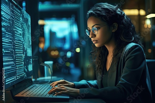 Focused programmer working on complex code at night photo