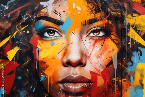 Graffiti artwork of a woman's face with splashes of color