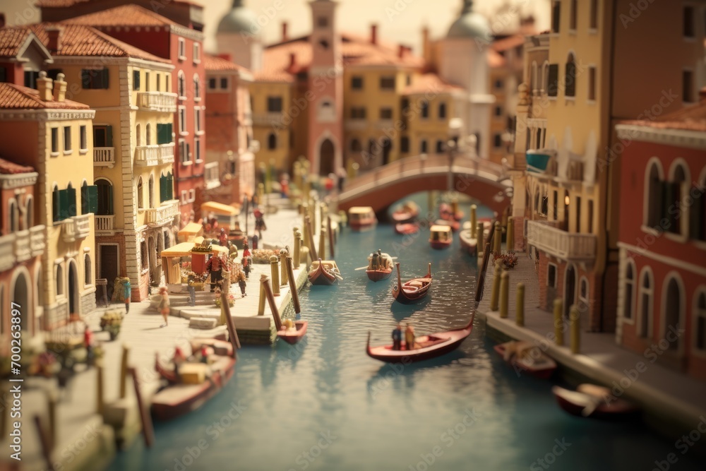 Venetian Serenity: Streets and Canals of Venice - Cityscape concept small toy scene with macro photo miniature capturing the charm of Venetian streets and canals.