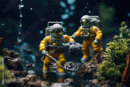 Oceanic Odyssey: Toy Figures of Divers at the Bottom of the Aquarium - Underwater concept small toy scene with macro photo miniature of tiny toy figures exploring the depths of an aquarium.