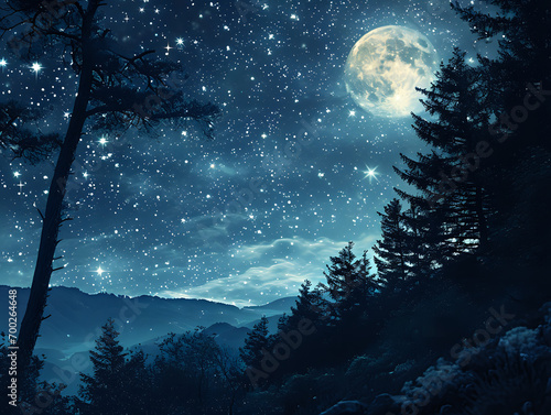 night landscape with moon and trees, clear sky with stars