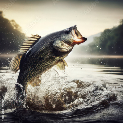 Black Bass Fish Jumping Out of River. ai generative photo