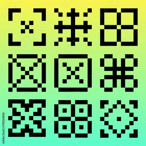 Pixels trend, QR, Cyber futurism style, abstract shapes, Technology 90s. Minimal graphic design, 8 bit, rave, Sequence of QR codes on a gradient background. Green screen. 