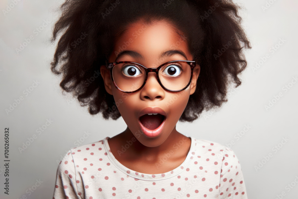 Portrait of amazed kid with an open mouth and round big eyes wearing eyeglasses. ai generative Portrait of amazed kid with an open mouth and round big eyes wearing eyeglasses. ai generative