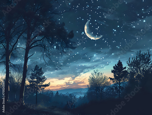 night landscape with moon and trees, clear sky with stars