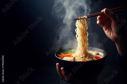 Ramen noodle lifted up by chopsticks with steam on dark background. ai generative photo