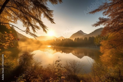 Autumn atmosphere at Obernachkanal and Sachensee near Wallgau in Bavarian Prealps with sunrise view. Generative AI photo