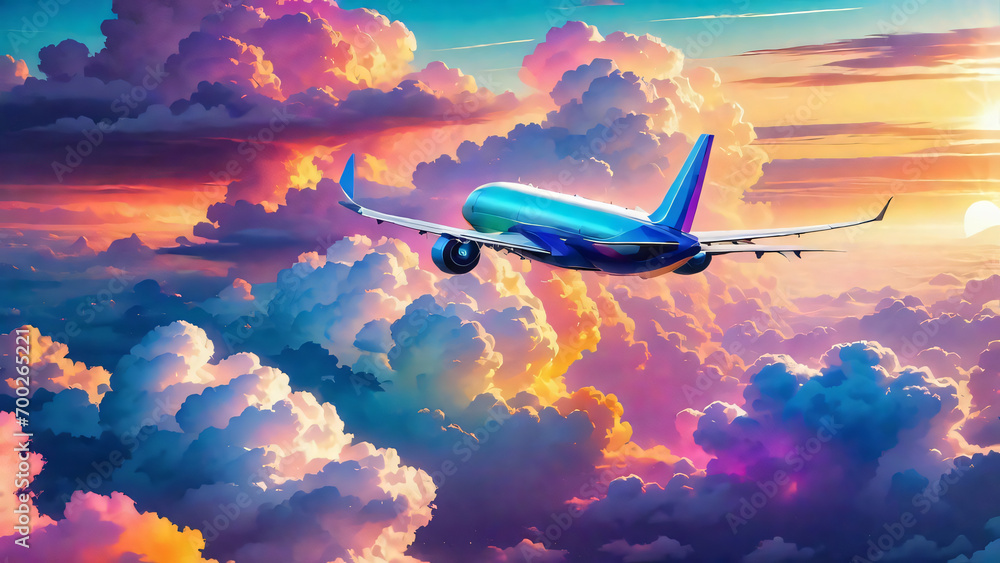 Airplane  Flying between Clouds, colorful sky During sunset.
