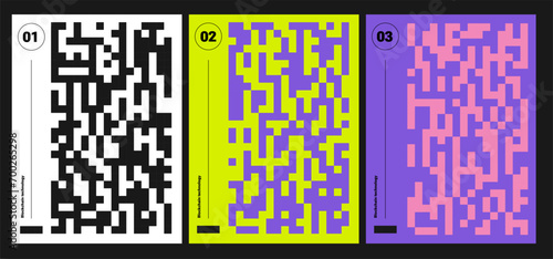 Y2k Pixels trendy print , QR - pattern abstract poster, Cyber futurism, Minimal graphic design, 8 bit, rave, Sequence of QR codes, neon colors. 