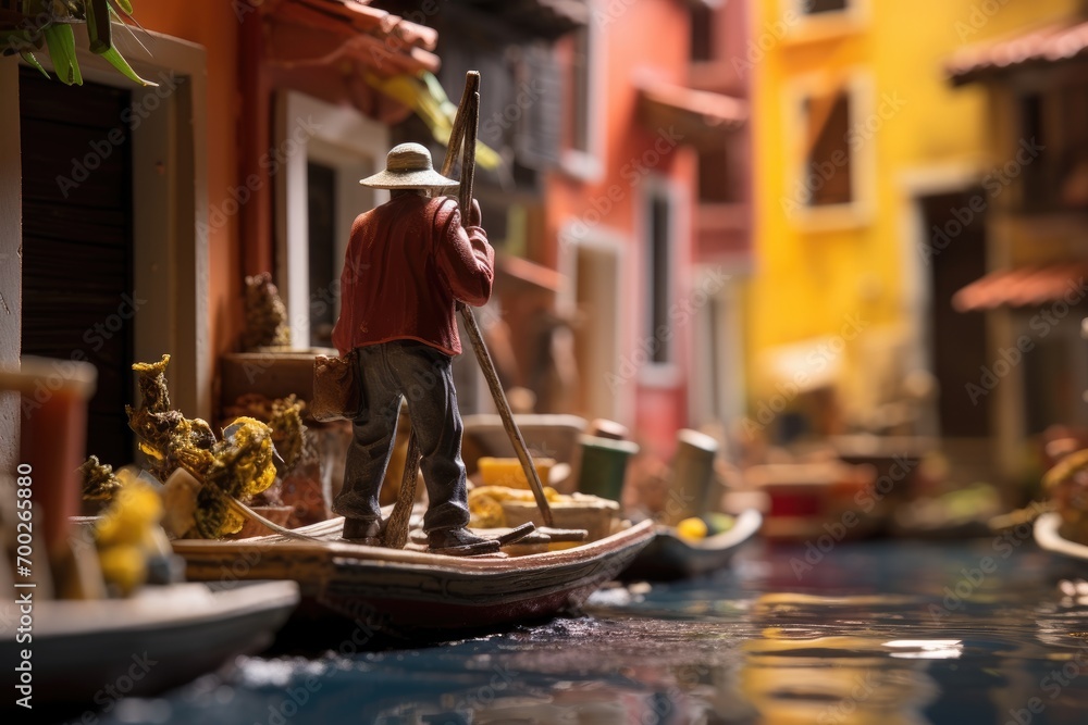 Venetian Serenade: Gondolier on a Boat Navigates the Canals of Venice - Travel concept small toy scene with macro photo miniature of a charming gondolier guiding a boat through the picturesque canals  - obrazy, fototapety, plakaty 
