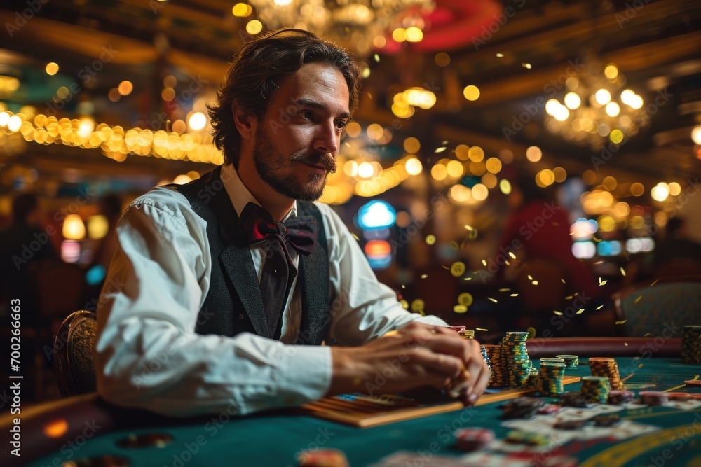 Fototapeta premium A happy man winning poker in casino