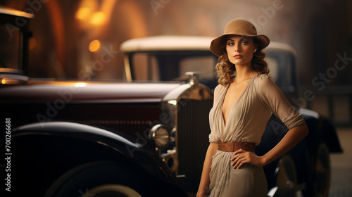 Elegant Woman Leaning Against a Classic Car in a Vintage Scene, Elegant, Woman