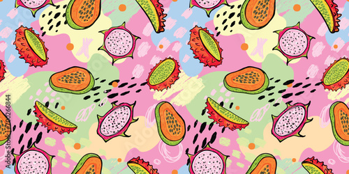 Exotic fruit seamless pattern in hand-drawn style. Vector repeat background for colorful summer fabric.