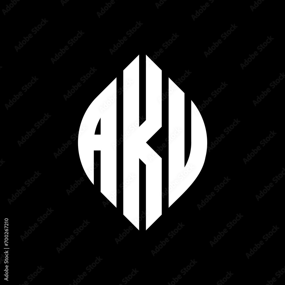 AKU circle letter logo design with circle and ellipse shape. AKU ellipse letters with typographic style. The three initials form a circle logo. AKU Circle Emblem Abstract Monogram Letter Mark Vector.
