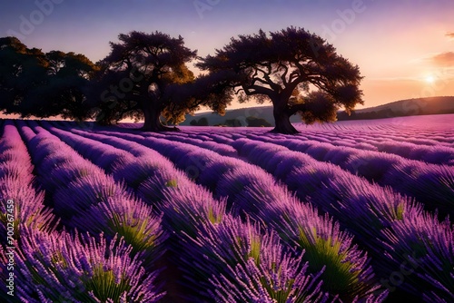 Stunning lavender field landscape Summer sunset with tree.