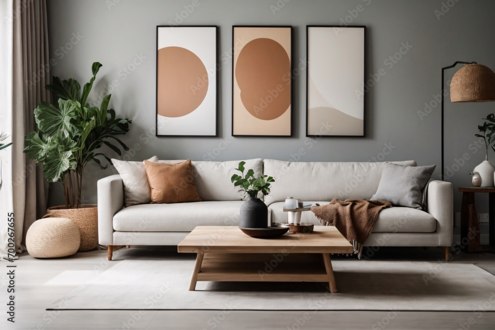 Wooden square coffee table near white sofa in room with grey wall with art poster. Minimalist elegant home interior design of modern living room. Wooden square coffee table near white sofa in room with grey wall with art poster. Minimalist elegant home interior design of modern living room.